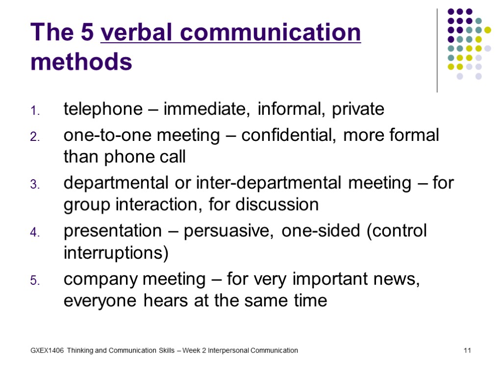 GXEX1406 Thinking and Communication Skills – Week 2 Interpersonal Communication 11 The 5 verbal